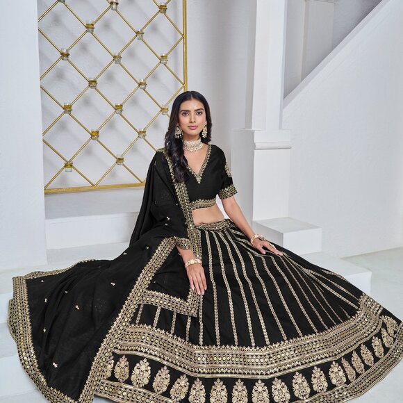 Bridal Wear Black Art Silk Embroidered Festive Lehenga Choli For Women - Picture 2 of 5